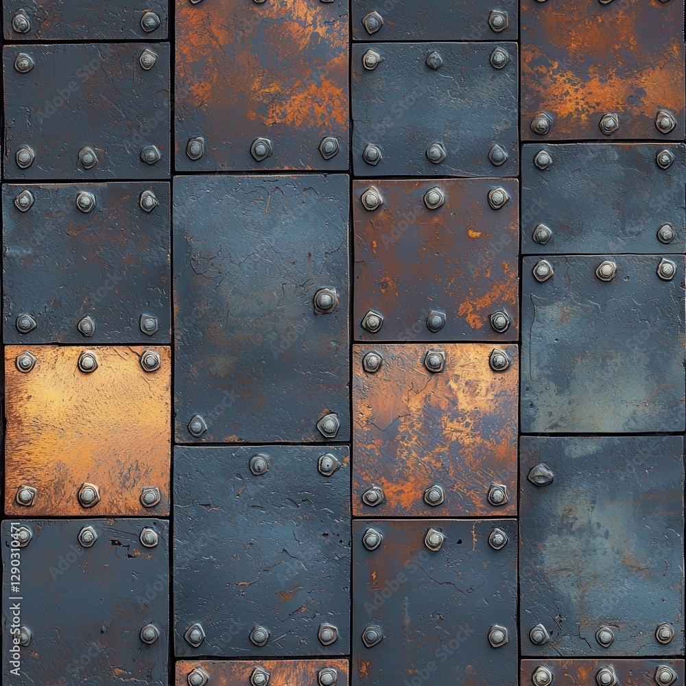Poster industrial metal wall with rivets showcasing a rustic and robust design featuring textural and visua