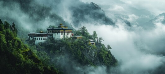 A quiet monastery hidden in the mountains, covered in mist crisp edges