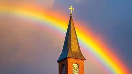 A rainbow arching over a church steeple