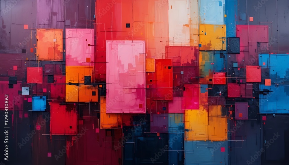 Poster an abstract colorful artwork showing overlapping shapes and textures