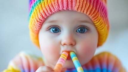 Baby in rainbow hat eating colorful straws