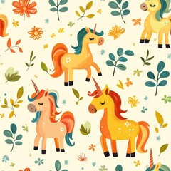 Whimsical pattern featuring a delightful unicorn surrounded by vibrant flowers creating a playful and cheerful design Seamless Texture concepts