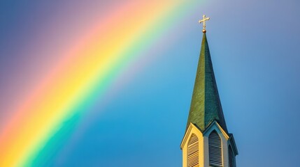A rainbow arching over a church steeple