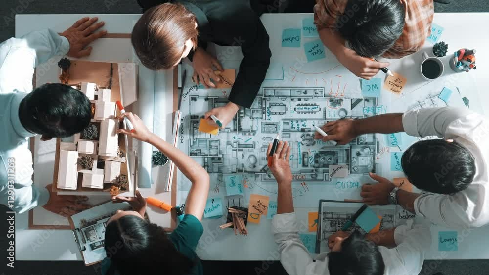 Poster top aerial view of project manager or civil engineer writing at blueprint and planning building desi