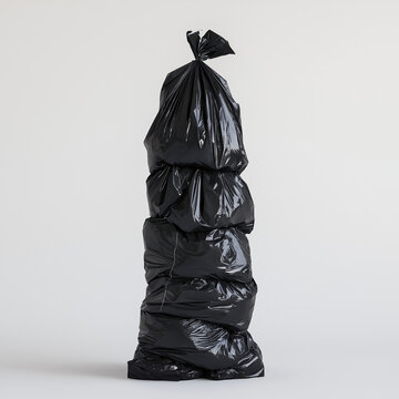 7h realistic view of a pile of black trash bags that form a tall column. On a plain white background
