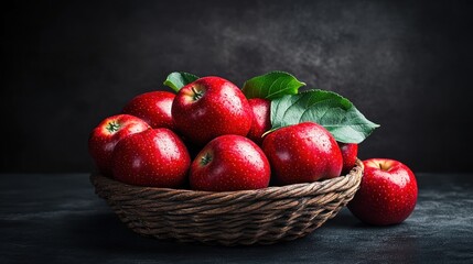 Fresh red apples in a woven basket on dark surface