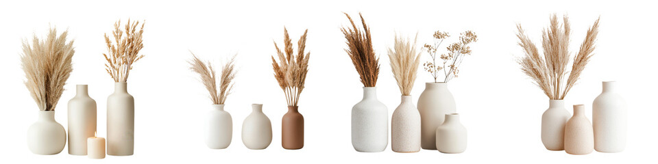 Minimalist floral arrangement featuring dried pampas grass and other neutral toned natural elements displayed in a variety of simple earthy vases and containers  Serene clean