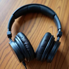 Black Over-Ear Headphones on Wooden Table