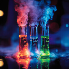 test tube with yellow red blue liquid