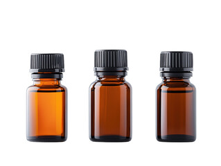 Three amber glass bottles with black screw caps, arranged in a row, suitable for storing liquids or essential oils.