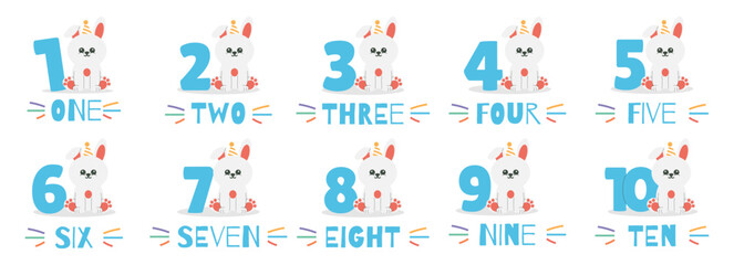 Cute bunny character in hat, text and numbers vector set. Beautiful elements for Kids Birthday Party invitation, greeting card, poster, event, prints and cake toppers design