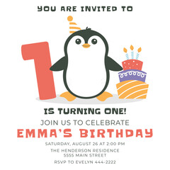 Greeting and invitation card for kids Birthday party. Cute baby animal penguin, cake, number 1 in flat childrens style. Vector illustration, design for card, poster, event