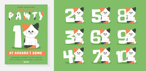 Greeting and invitation card for kids first Birthday party. Cute baby cat and set of number with animal in flat childrens style. Vector illustration, design for card, poster, banner