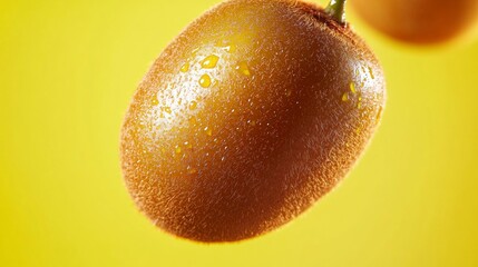 Fresh raw gold kiwi falling in the air isolated on yellow illuminating background. Food levitation concept. High resolution image