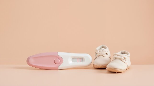 New beginnings symbolized by a pregnancy test and baby shoes on a soft colored background