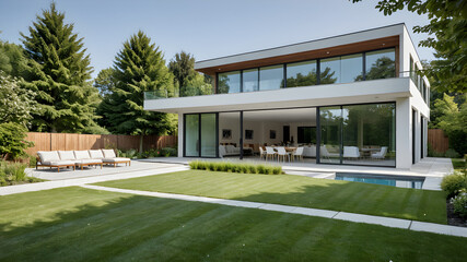 A spacious, modern home with large windows letting in natural light, a beautifully landscaped garden, and minimalist design. The open-plan interior features modern furniture, blending comfor
