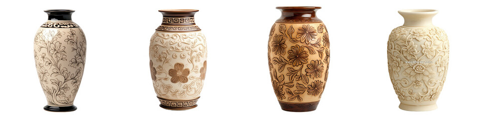 Collection of ornate ceramic vases with intricate floral and textured patterns displayed on shelves as home decor showcasing traditional craftsmanship and elegant design