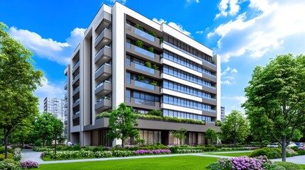 Modern Residential Building with Green Landscaping and Blue Sky