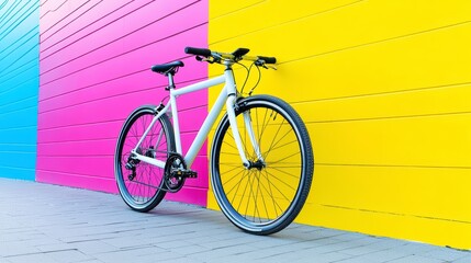 Minimalist White Bicycle Against Vibrant Pink and Yellow Wall