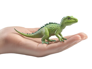Obraz premium A small green dinosaur figurine stands on a person's open hand, showcasing its detailed features and posture.