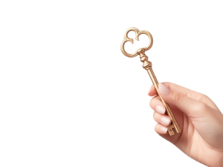 A hand holds a vintage brass key featuring a decorative head, symbolizing access or unlocking something significant.