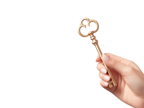 A hand holds a vintage brass key featuring a decorative head, symbolizing access or unlocking something significant.