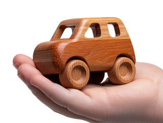A wooden toy car resting on a hand, showcasing craftsmanship and child-friendly design, ideal for imaginative play.