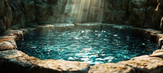 A sacred well with shimmering water, cinematic lighting crisp edges