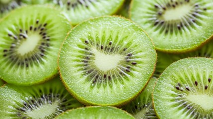 Vibrant Background of Freshly Sliced Kiwi Fruit Rings. A Lush and Refreshing Tropical Fruit Pattern with Juicy Green Tones.