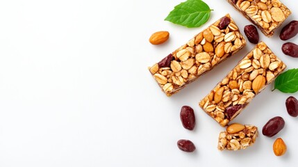 Healthy Snack Bars with Nuts and Seeds on White Background