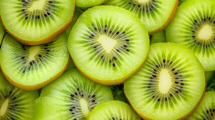 Vibrant Background of Freshly Sliced Kiwi Fruit Rings. A Lush and Refreshing Tropical Fruit Pattern with Juicy Green Tones.