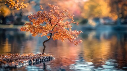Small Orange Tree Reflecting in Calm Water During Autumn