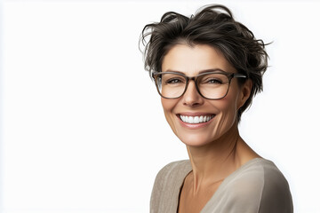 Obraz premium Portrait of a beautiful mature woman over 40 y.o, smiling with clean white teeth. To advertise dentistry or ophthalmology. A woman with glasses and a stylish hairstyle