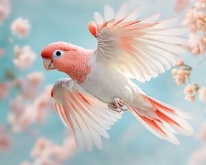 Obraz premium Pink Parrot in Flight Amongst Cherry Blossoms