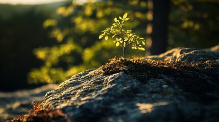 Small Plant Growing on a Rocky Surface at Sunset
