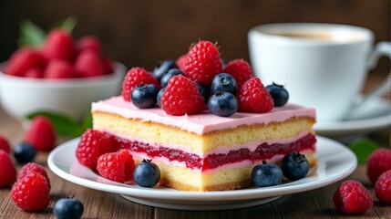 Rustic Berry Cake with Powdered Sugar, Coffee, and a Bowl of Berries A Homemade Treat for a Cozy Morning