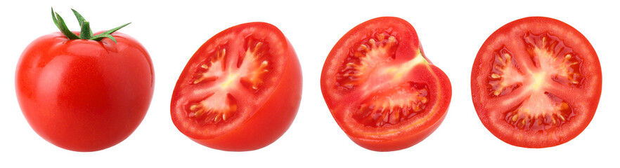 fresh red tomatoes, half and slices tomatoes isolated, transparent PNG, PNG format, cut out,...