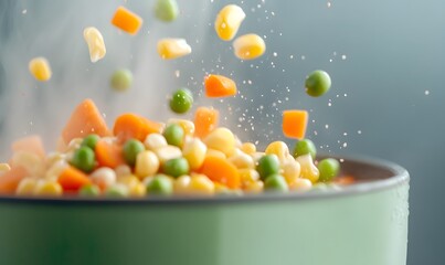 Extreme detail on vibrant yellow corn kernels, bright green peas and neatly diced orange carrots, Generative AI