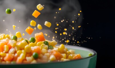 Extreme detail on vibrant yellow corn kernels, bright green peas and neatly diced orange carrots, Generative AI
