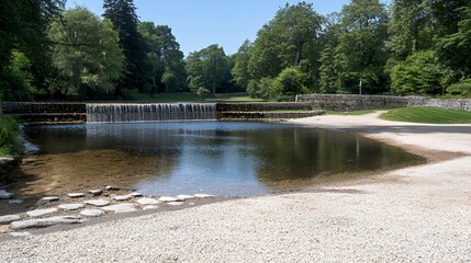 Small Waterfall in a Pebble-Lined Creek on a Sunny Day
