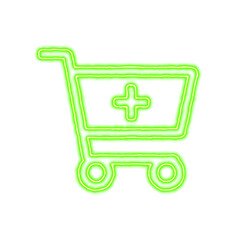 Icon cart plus from the flow of energy of green color. Shimmering neon