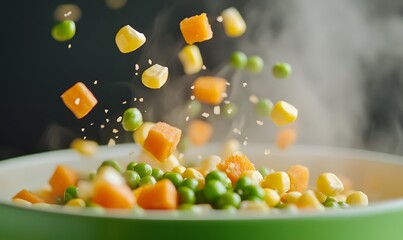 Extreme detail on vibrant yellow corn kernels, bright green peas and neatly diced orange carrots, Generative AI
