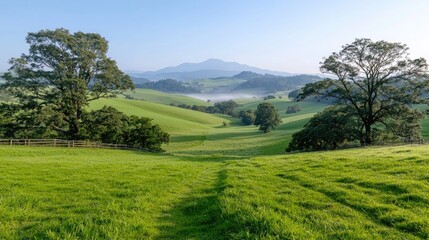 Fototapeta premium Misty valley landscape, morning light, rolling hills, green meadow, tranquil scene, outdoor scenery, pastoral view, perfect for nature photography