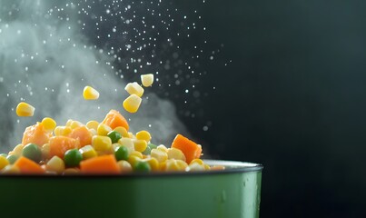 Extreme detail on vibrant yellow corn kernels, bright green peas and neatly diced orange carrots, Generative AI