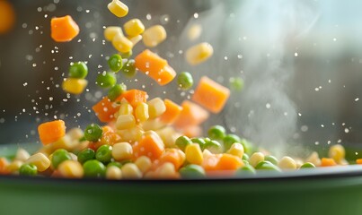 Extreme detail on vibrant yellow corn kernels, bright green peas and neatly diced orange carrots, Generative AI