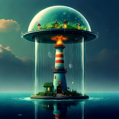 A glowing jellyfish-shaped lighthouse with a fishbowl core, floating in an ethereal sea Generative AI