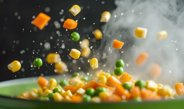 Extreme detail on vibrant yellow corn kernels, bright green peas and neatly diced orange carrots, Generative AI - Powered by Adobe