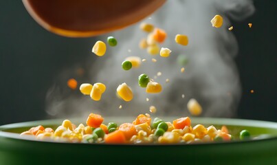 Extreme detail on vibrant yellow corn kernels, bright green peas and neatly diced orange carrots, Generative AI