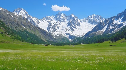 Snow Capped Mountains and Lush Green Valley Landscape