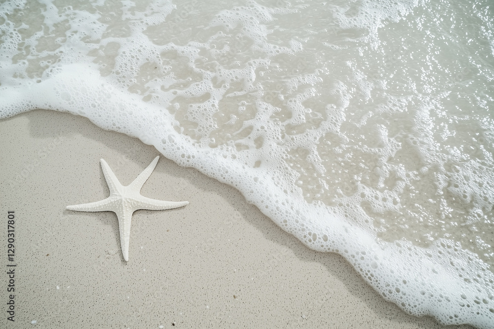 Poster starfish rests on sandy beach as gentle waves approach, creating serene coastal scene